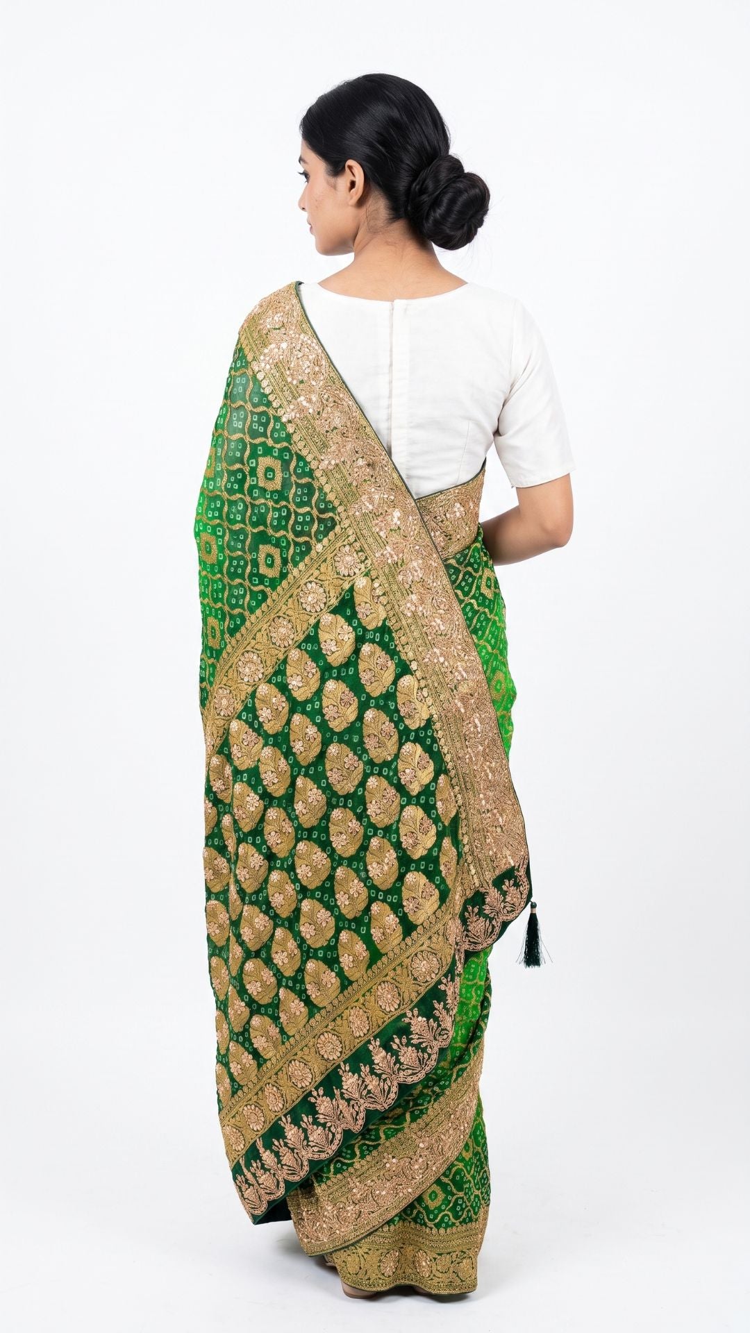 Green Pure Georgette Bandhej Unstitched Saree with Gota, Dabka & Dori Work
